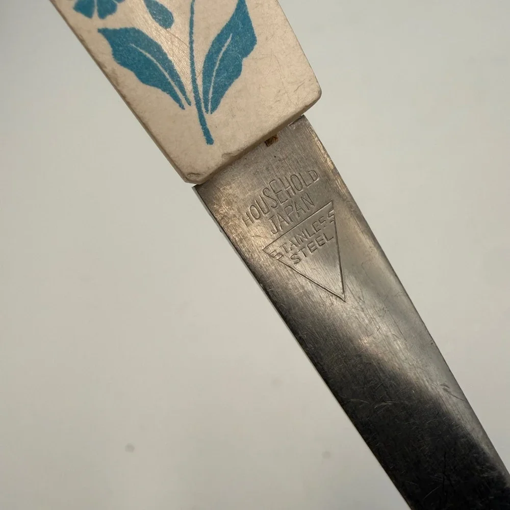 Vintage Household Japan Stainless Gravy Ladle Blue Floral Cream Handle Spout